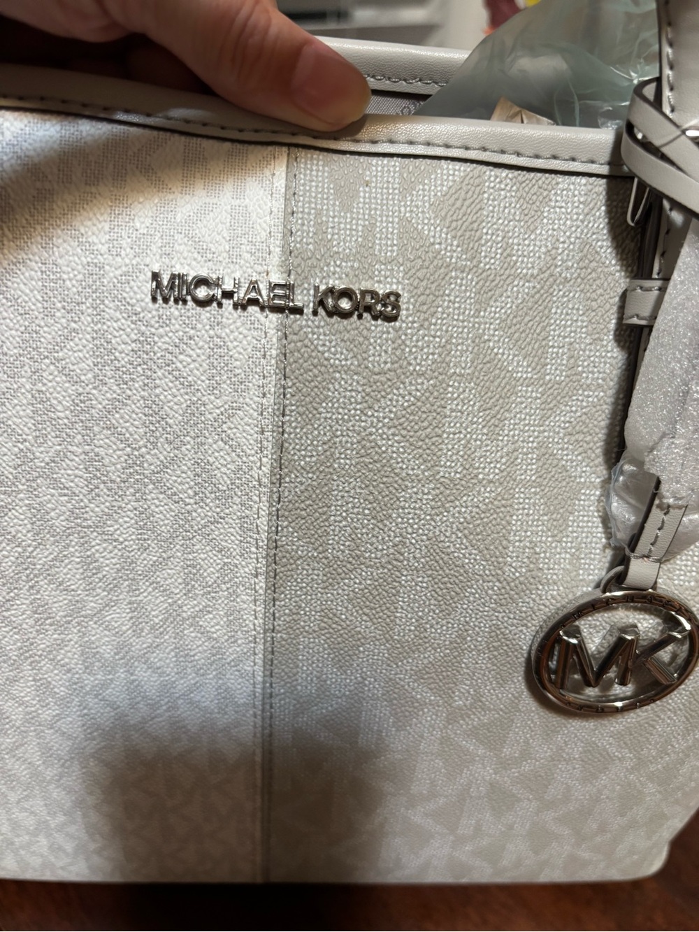 Michael Kors Light Gray Signature Tote with Logo Charm - Picture 3 of 10